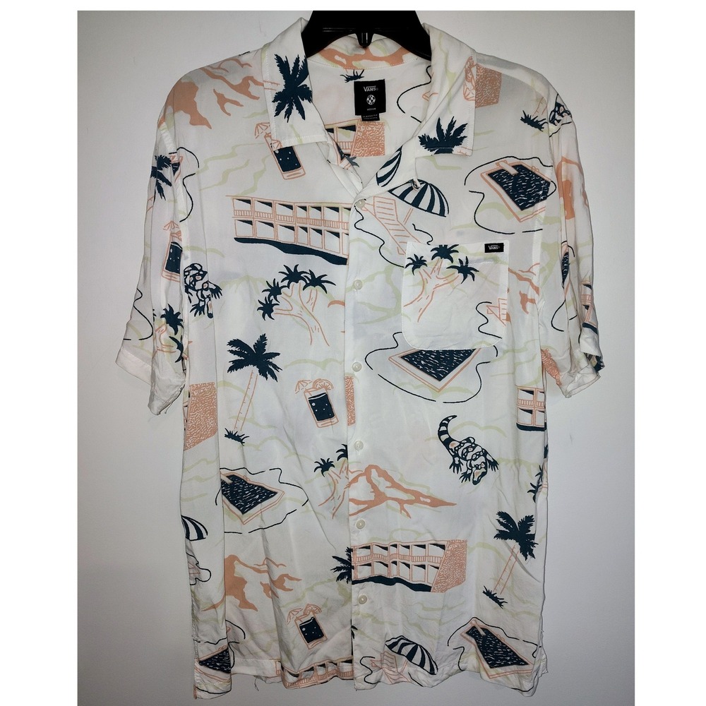 Vans Mens Classic Fit Tropical Vacation Print Button Down Shirt White Medium